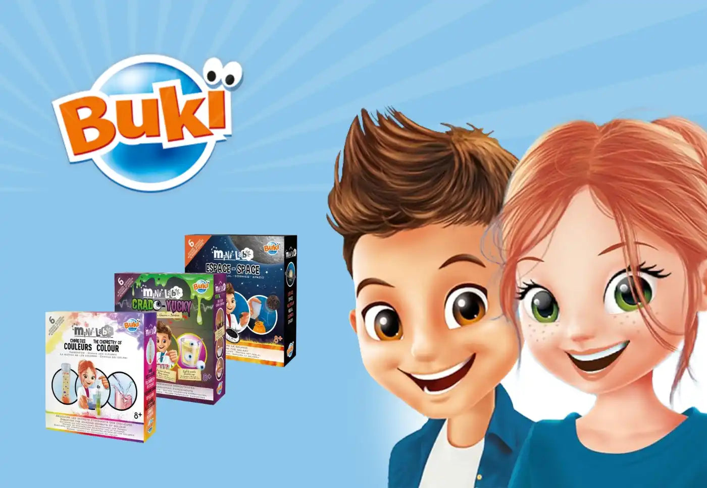 Buki science kits with cartoon children.