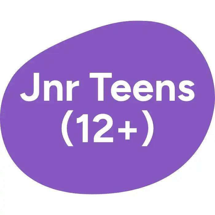 Purple blob with ’Jnr Teens (12+)’ text.