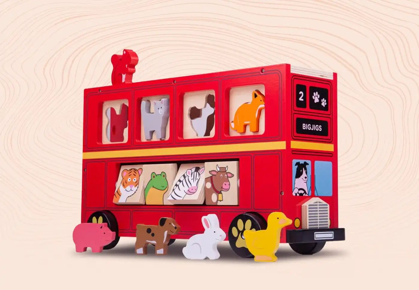 Red wooden animal-themed toy bus.