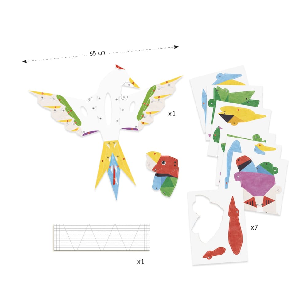 Djeco 3D parrot poster pieces laid out